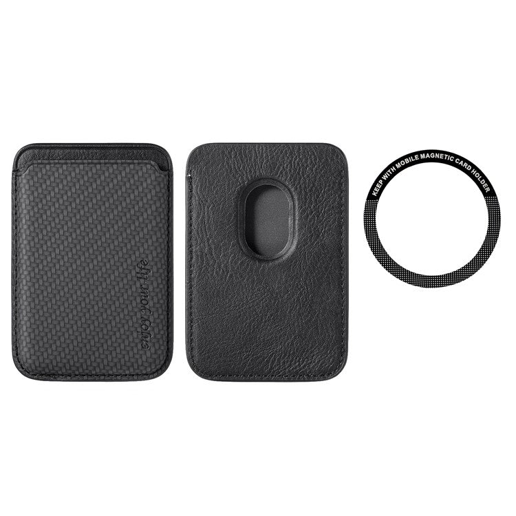 Magnetic Card Holder Carbon Fiber Texture PU Leather Phone Card Bag - Black