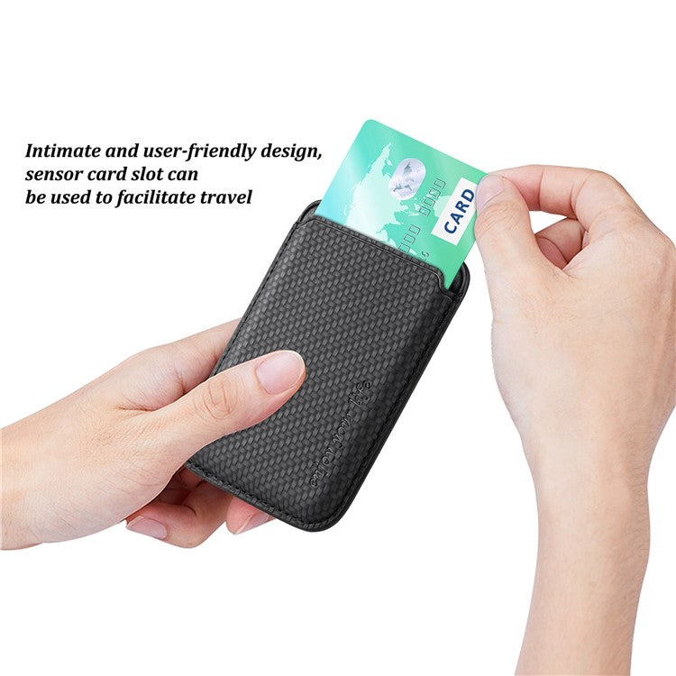 Magnetic Card Holder Carbon Fiber Texture PU Leather Phone Card Bag - Black