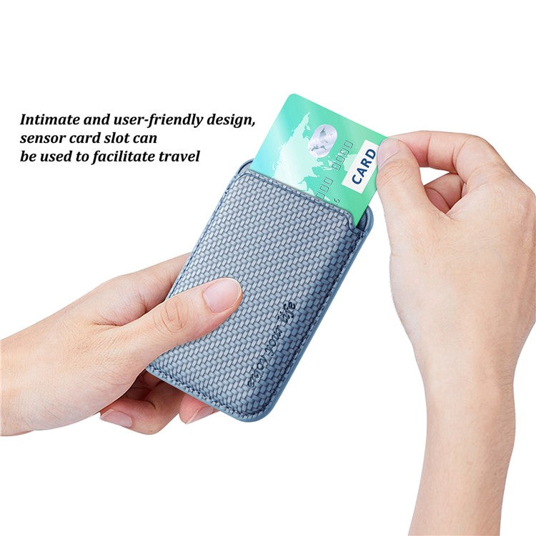 Magnetic Card Holder Carbon Fiber Texture PU Leather Phone Card Bag - Blue