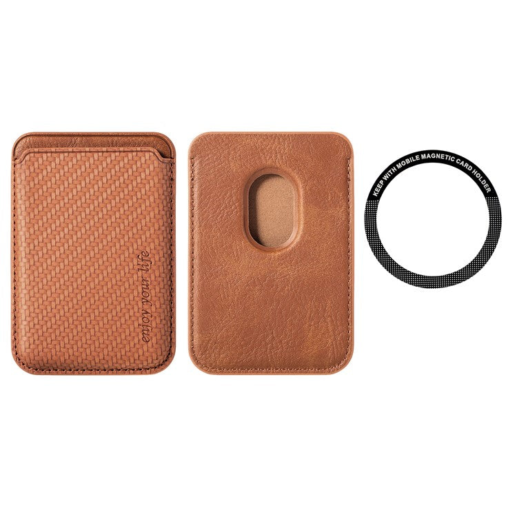 Magnetic Card Holder Carbon Fiber Texture PU Leather Phone Card Bag - Brown