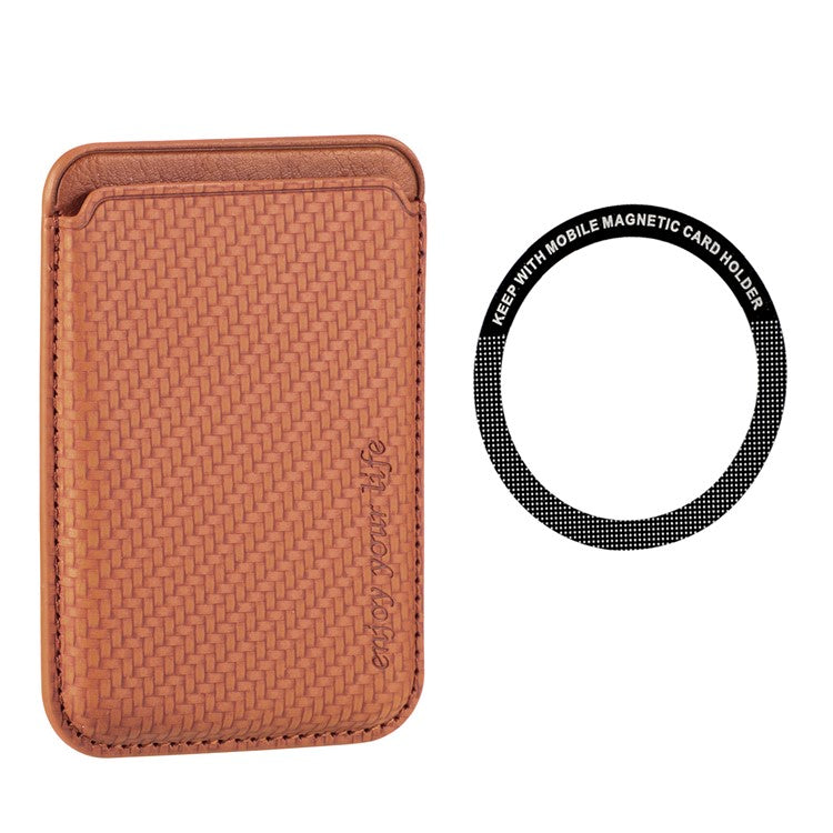 Magnetic Card Holder Carbon Fiber Texture PU Leather Phone Card Bag - Brown