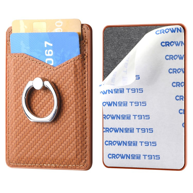 Adhesive Card Holder Carbon Fiber Texture Ring Kickstand Leather Card Bag - Brown