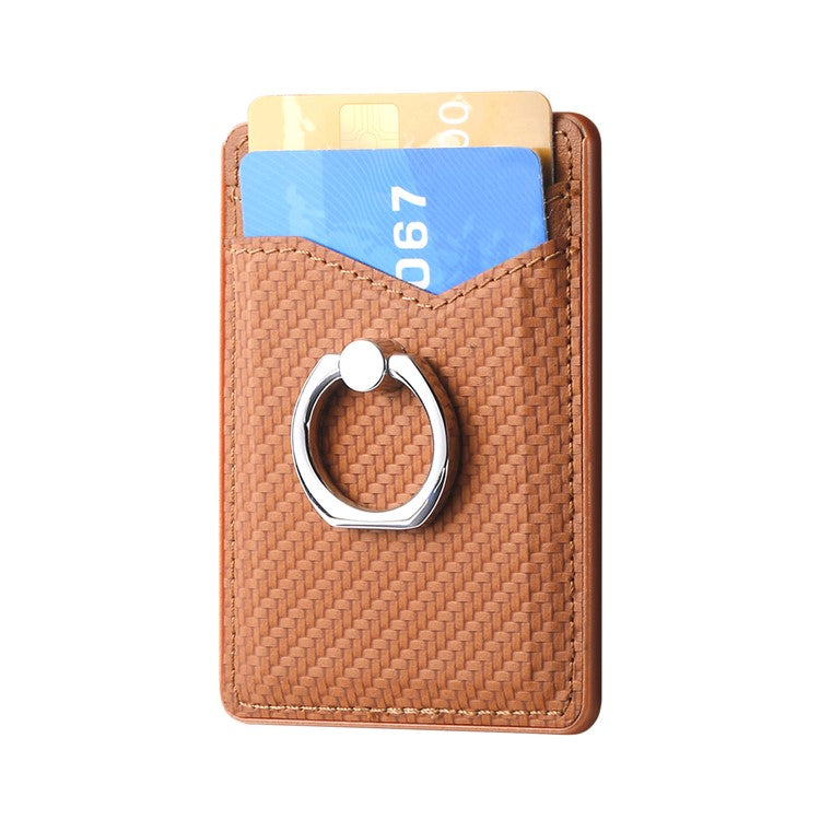 Adhesive Card Holder Carbon Fiber Texture Ring Kickstand Leather Card Bag - Brown