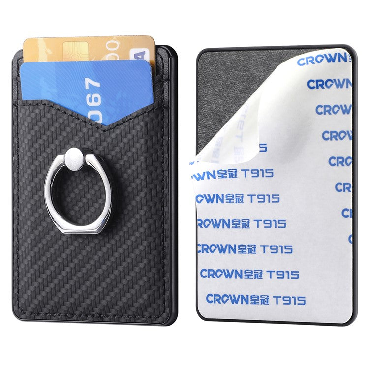 Adhesive Card Holder Carbon Fiber Texture Ring Kickstand Leather Card Bag - Black