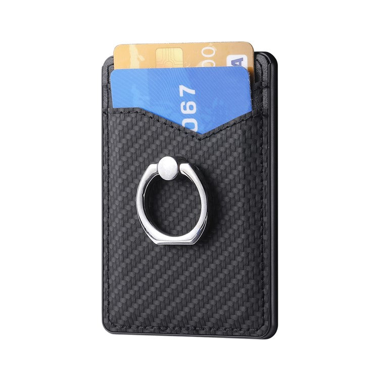 Adhesive Card Holder Carbon Fiber Texture Ring Kickstand Leather Card Bag - Black