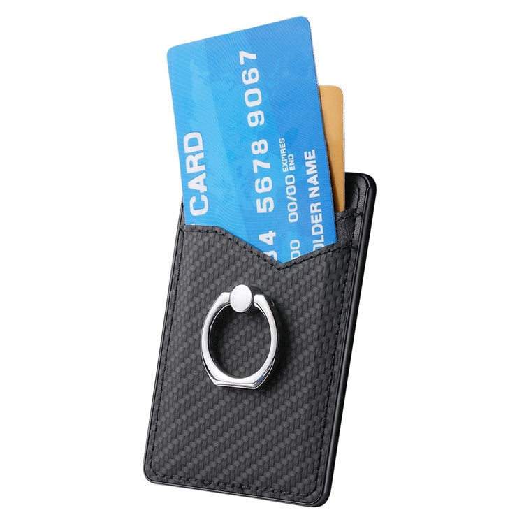 Adhesive Card Holder Carbon Fiber Texture Ring Kickstand Leather Card Bag - Black