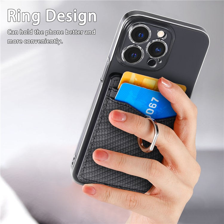 Adhesive Card Holder Carbon Fiber Texture Ring Kickstand Leather Card Bag - Black