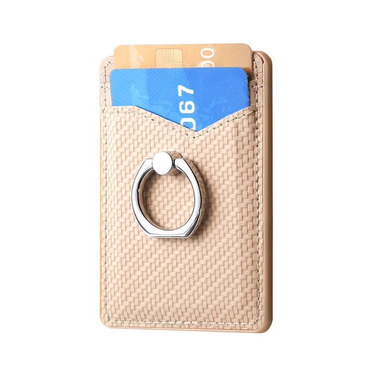 Adhesive Card Holder Carbon Fiber Texture Ring Kickstand Leather Card Bag - Khaki