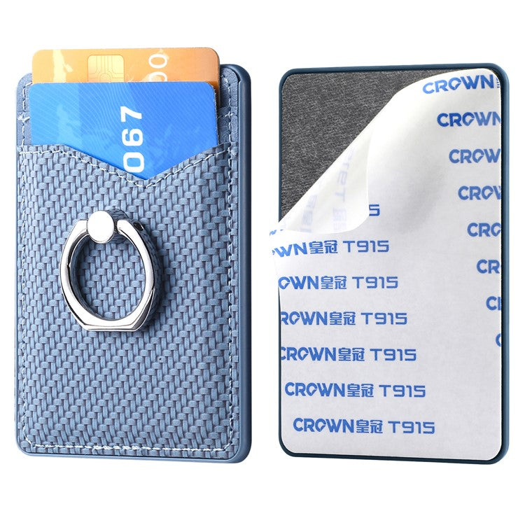 Adhesive Card Holder Carbon Fiber Texture Ring Kickstand Leather Card Bag - Blue