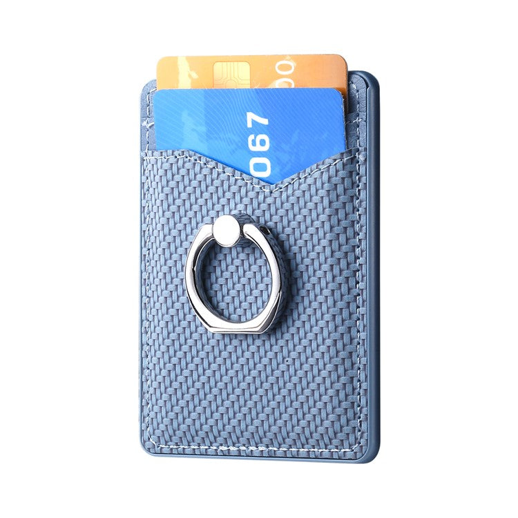 Adhesive Card Holder Carbon Fiber Texture Ring Kickstand Leather Card Bag - Blue