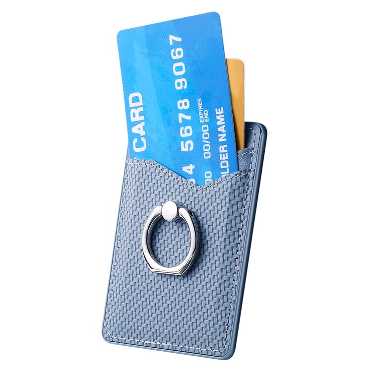 Adhesive Card Holder Carbon Fiber Texture Ring Kickstand Leather Card Bag - Blue