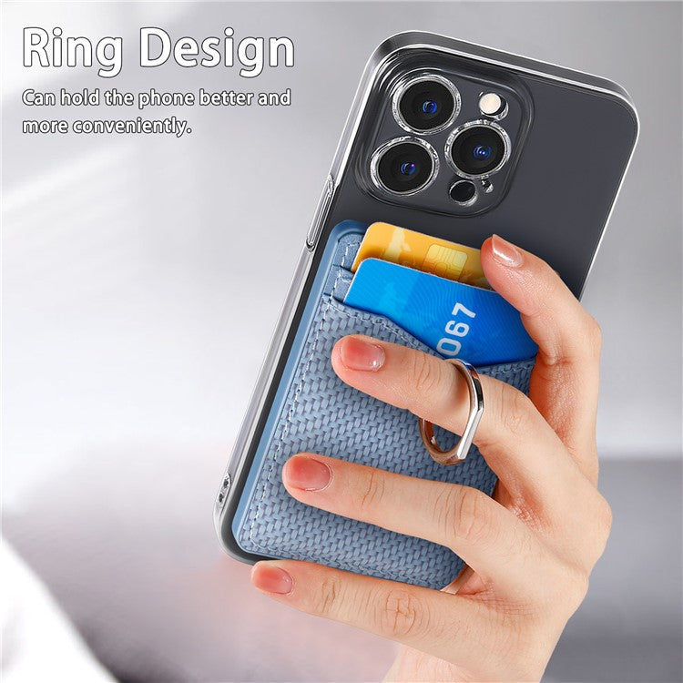 Adhesive Card Holder Carbon Fiber Texture Ring Kickstand Leather Card Bag - Blue