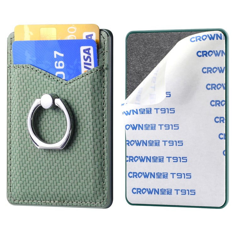 Adhesive Card Holder Carbon Fiber Texture Ring Kickstand Leather Card Bag - Green