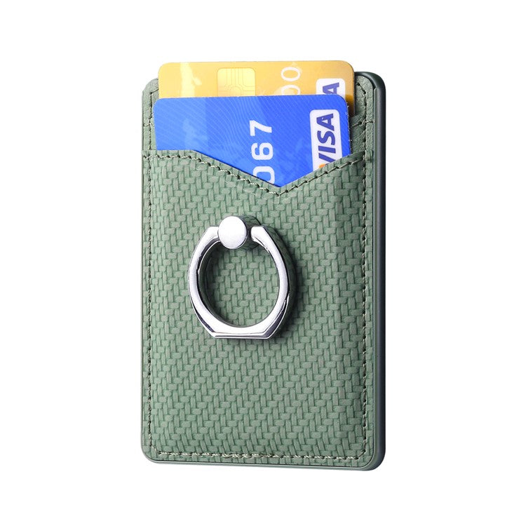 Adhesive Card Holder Carbon Fiber Texture Ring Kickstand Leather Card Bag - Green