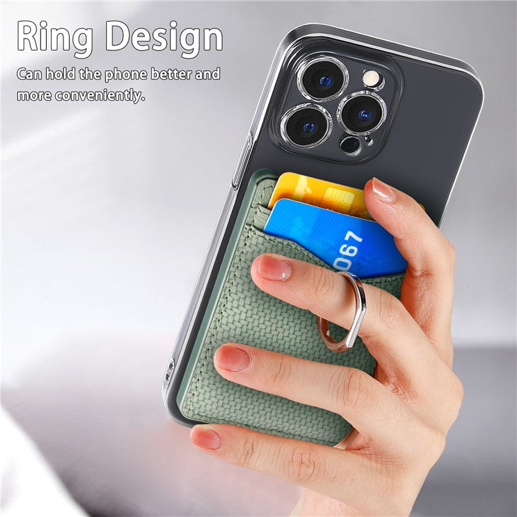 Adhesive Card Holder Carbon Fiber Texture Ring Kickstand Leather Card Bag - Green