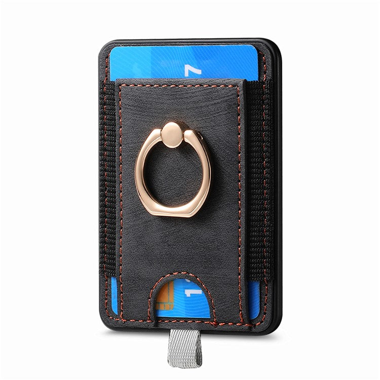 Magnetic Card Holder Ring Kickstand Retro Texture PU Leather Card Bag - Black