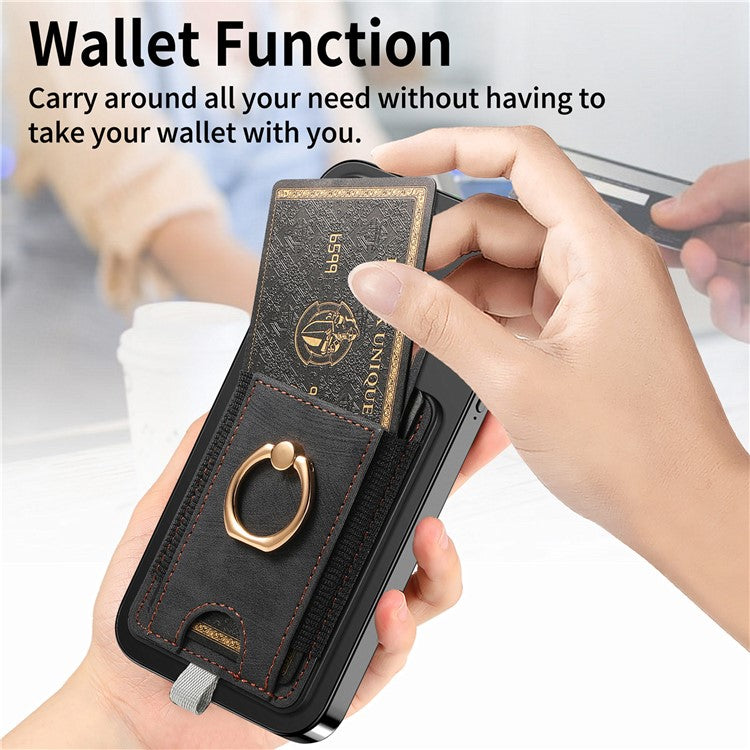 Magnetic Card Holder Ring Kickstand Retro Texture PU Leather Card Bag - Black