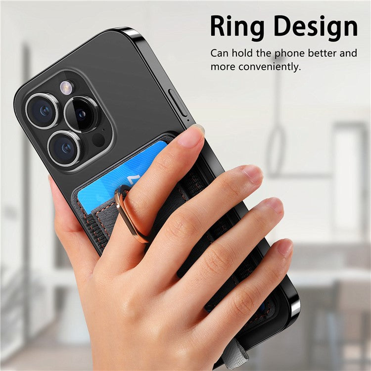 Magnetic Card Holder Ring Kickstand Retro Texture PU Leather Card Bag - Black