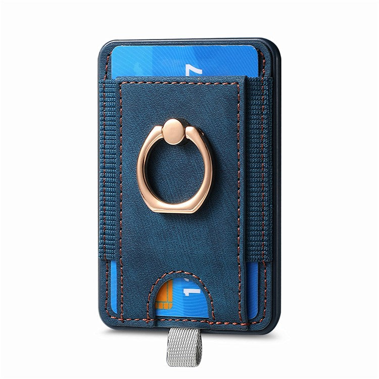 Magnetic Card Holder Ring Kickstand Retro Texture PU Leather Card Bag - Blue