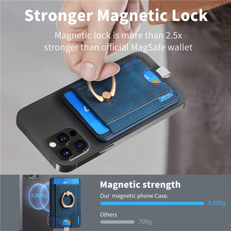 Magnetic Card Holder Ring Kickstand Retro Texture PU Leather Card Bag - Blue