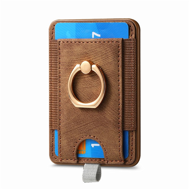 Magnetic Card Holder Ring Kickstand Retro Texture PU Leather Card Bag - Brown