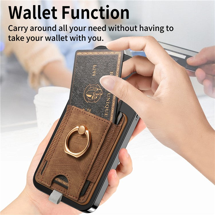 Magnetic Card Holder Ring Kickstand Retro Texture PU Leather Card Bag - Brown