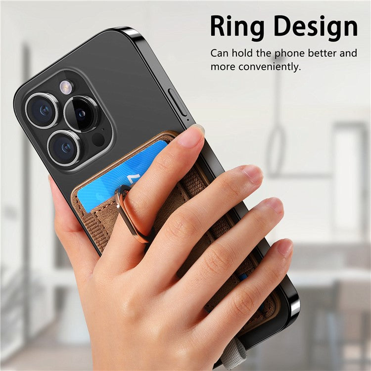 Magnetic Card Holder Ring Kickstand Retro Texture PU Leather Card Bag - Brown