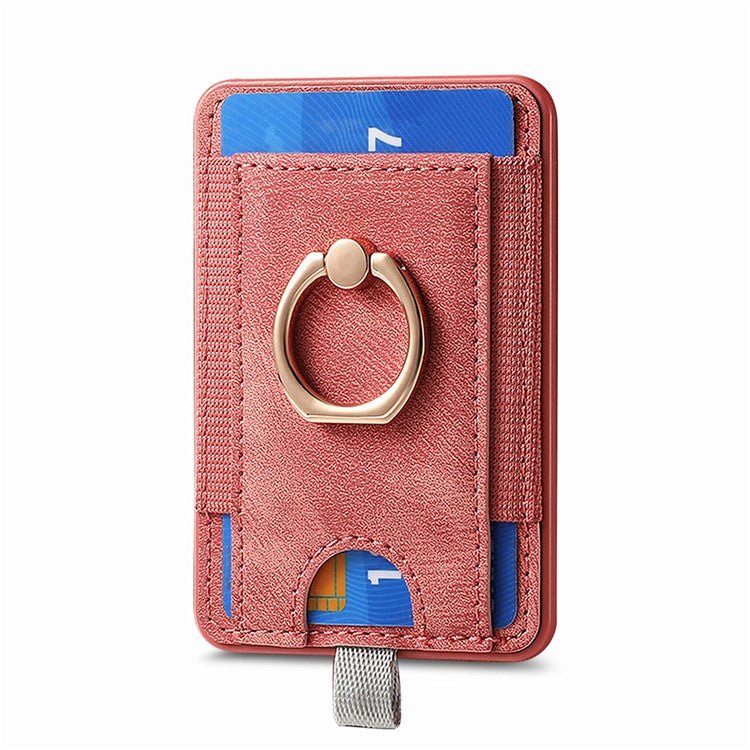 Magnetic Card Holder Ring Kickstand Retro Texture PU Leather Card Bag - Pink