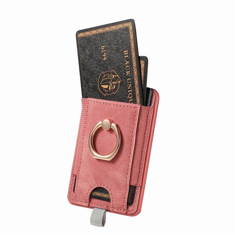 Magnetic Card Holder Ring Kickstand Retro Texture PU Leather Card Bag - Pink