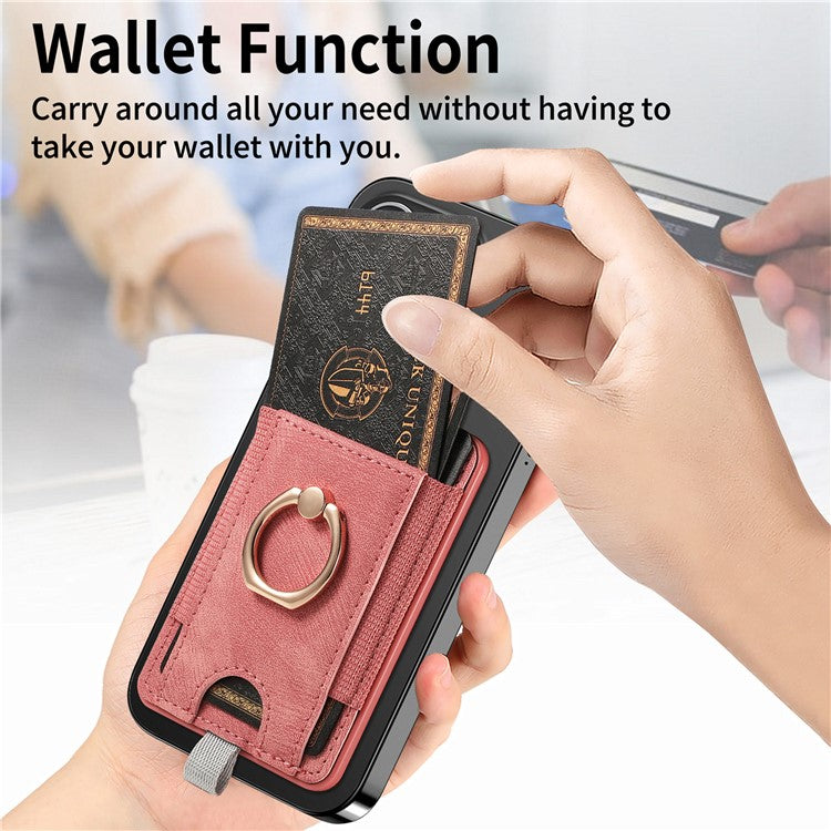 Magnetic Card Holder Ring Kickstand Retro Texture PU Leather Card Bag - Pink