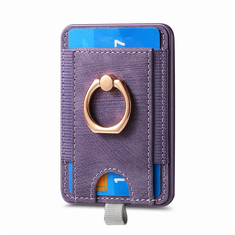 Magnetic Card Holder Ring Kickstand Retro Texture PU Leather Card Bag - Purple