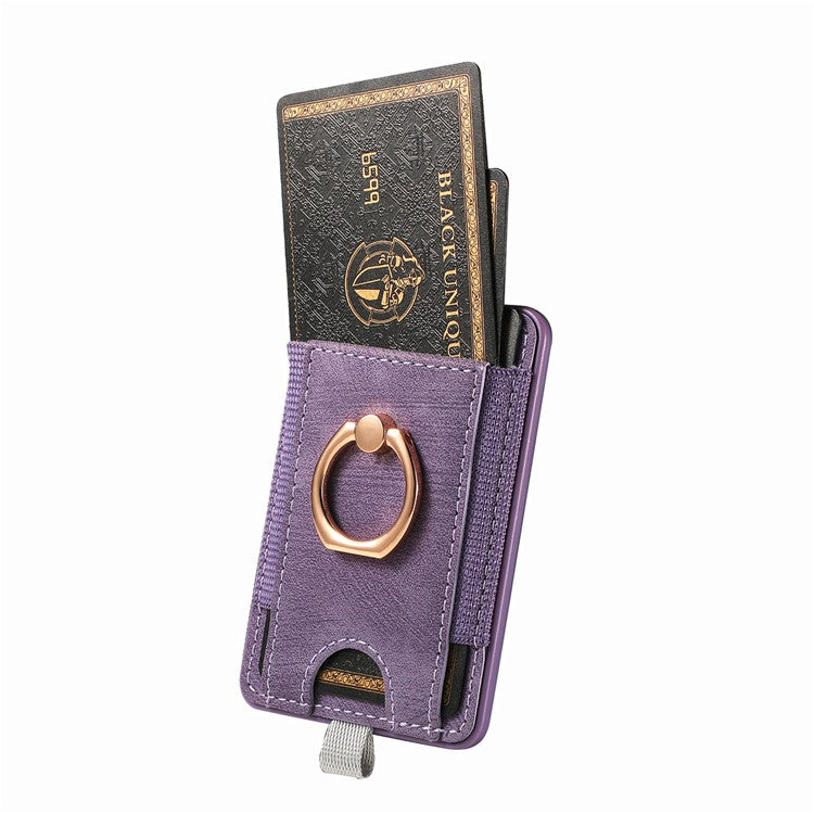 Magnetic Card Holder Ring Kickstand Retro Texture PU Leather Card Bag - Purple