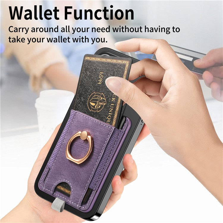 Magnetic Card Holder Ring Kickstand Retro Texture PU Leather Card Bag - Purple