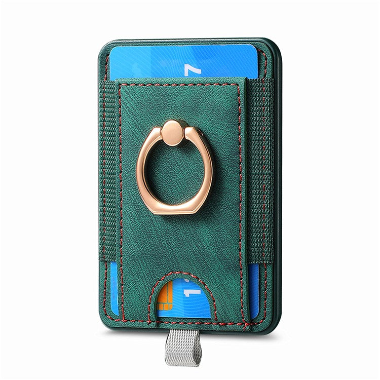 Magnetic Card Holder Ring Kickstand Retro Texture PU Leather Card Bag - Green