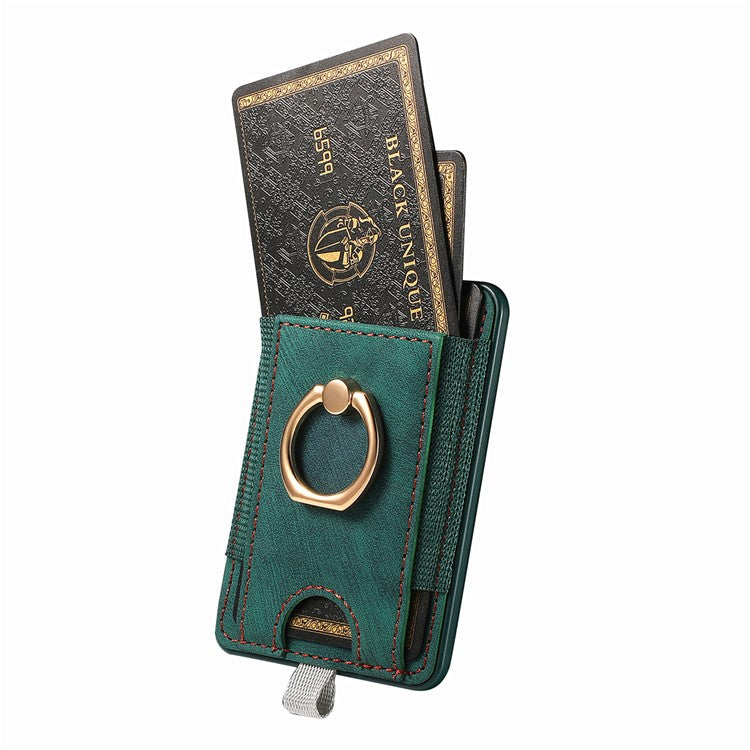 Magnetic Card Holder Ring Kickstand Retro Texture PU Leather Card Bag - Green