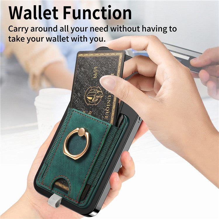 Magnetic Card Holder Ring Kickstand Retro Texture PU Leather Card Bag - Green