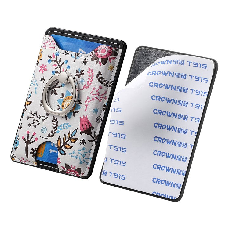 Ring Holder Kickstand Card Bag Flower Print PU Leather Adhesive Phone Card Slot - Black