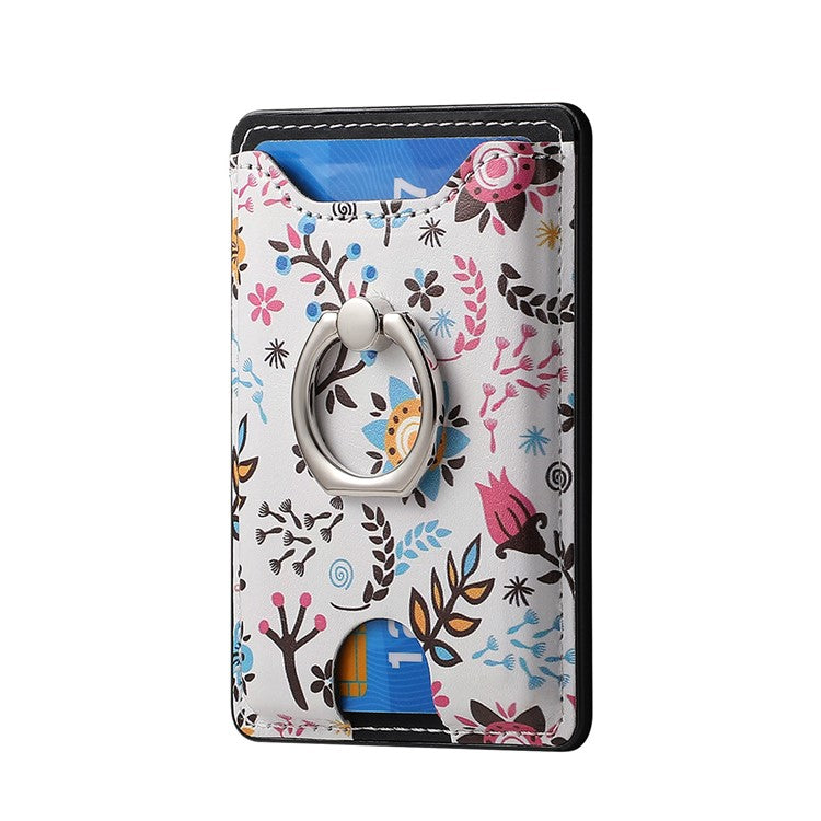 Ring Holder Kickstand Card Bag Flower Print PU Leather Adhesive Phone Card Slot - Black