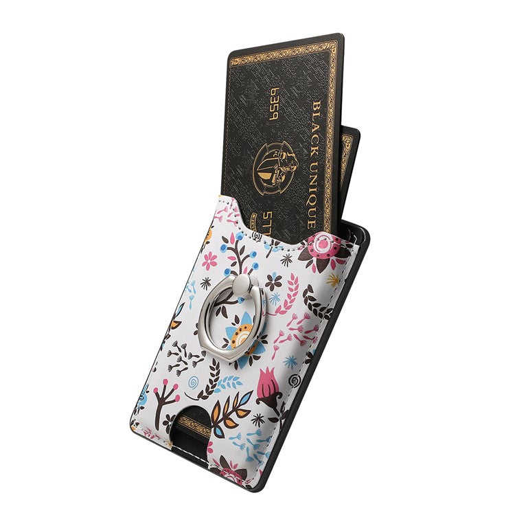 Ring Holder Kickstand Card Bag Flower Print PU Leather Adhesive Phone Card Slot - Black