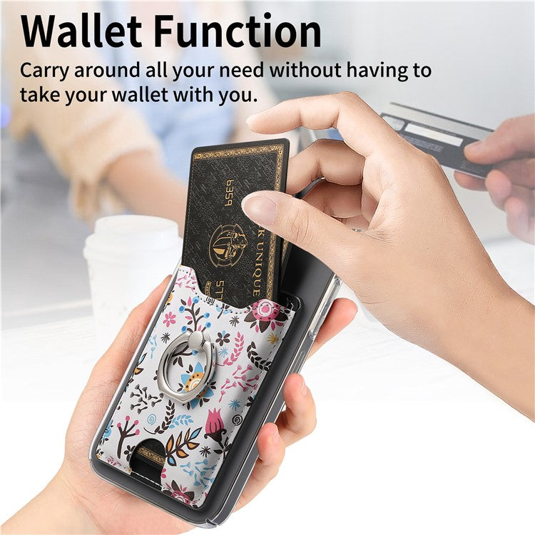 Ring Holder Kickstand Card Bag Flower Print PU Leather Adhesive Phone Card Slot - Black