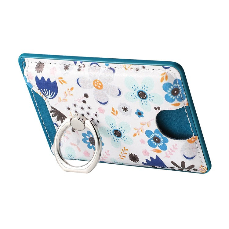 Ring Holder Kickstand Card Bag Flower Print PU Leather Adhesive Phone Card Slot - Blue