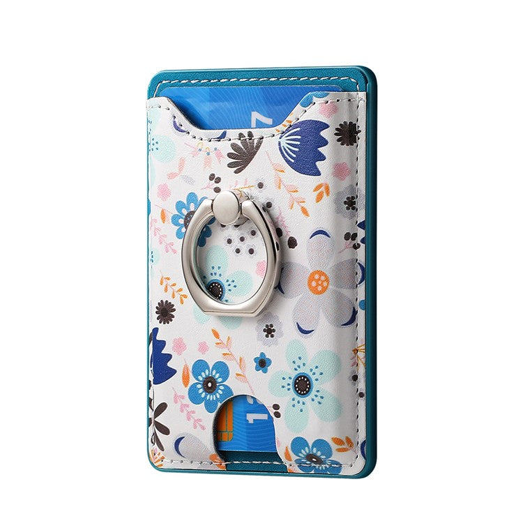 Ring Holder Kickstand Card Bag Flower Print PU Leather Adhesive Phone Card Slot - Blue