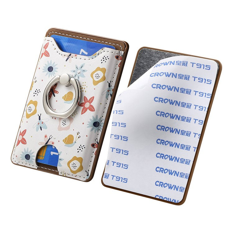 Ring Holder Kickstand Card Bag Flower Print PU Leather Adhesive Phone Card Slot - Brown