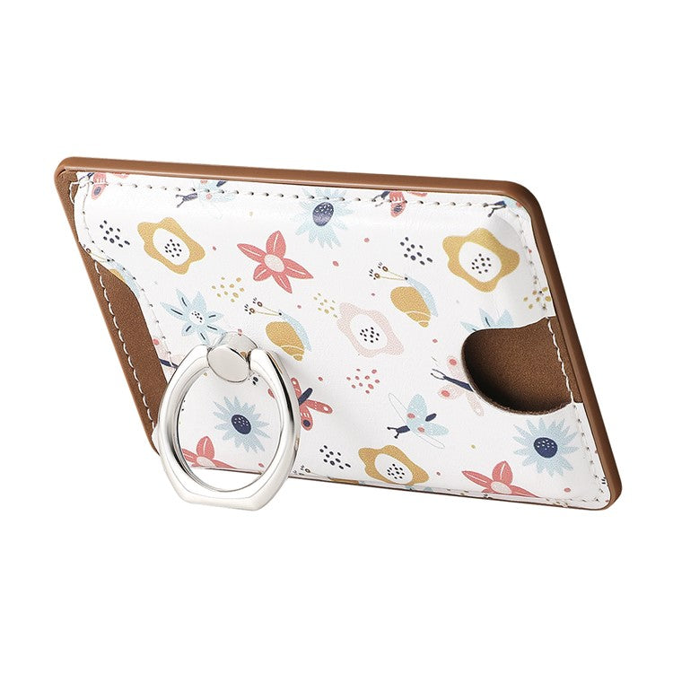 Ring Holder Kickstand Card Bag Flower Print PU Leather Adhesive Phone Card Slot - Brown