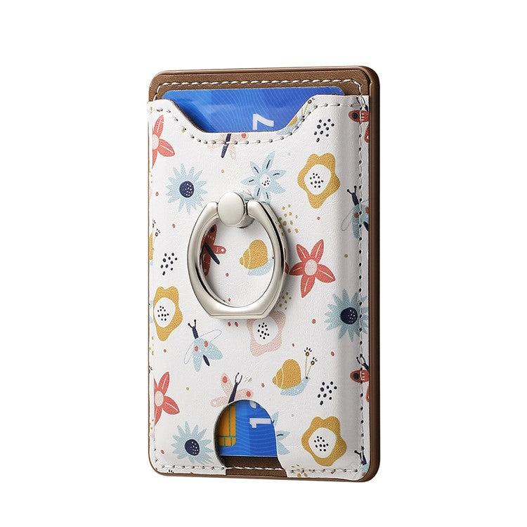 Ring Holder Kickstand Card Bag Flower Print PU Leather Adhesive Phone Card Slot - Brown