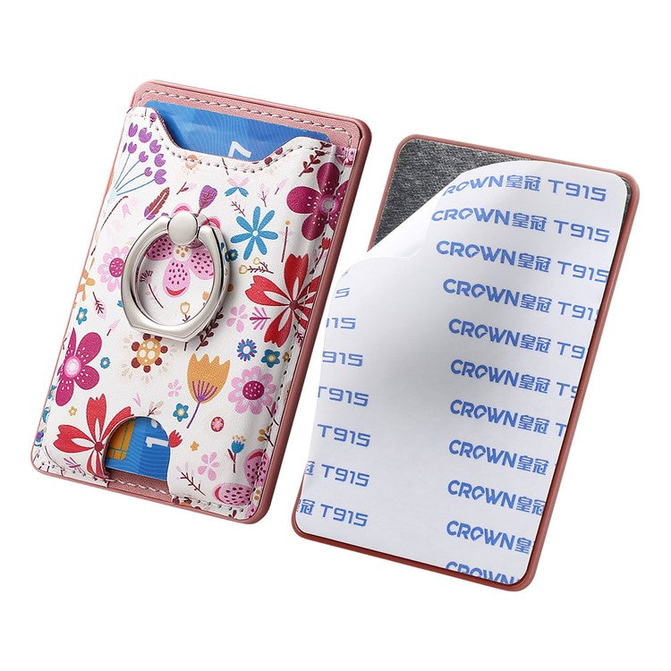 Ring Holder Kickstand Card Bag Flower Print PU Leather Adhesive Phone Card Slot - Pink