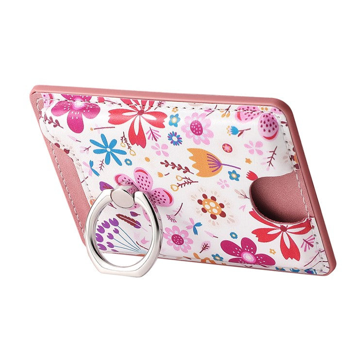 Ring Holder Kickstand Card Bag Flower Print PU Leather Adhesive Phone Card Slot - Pink