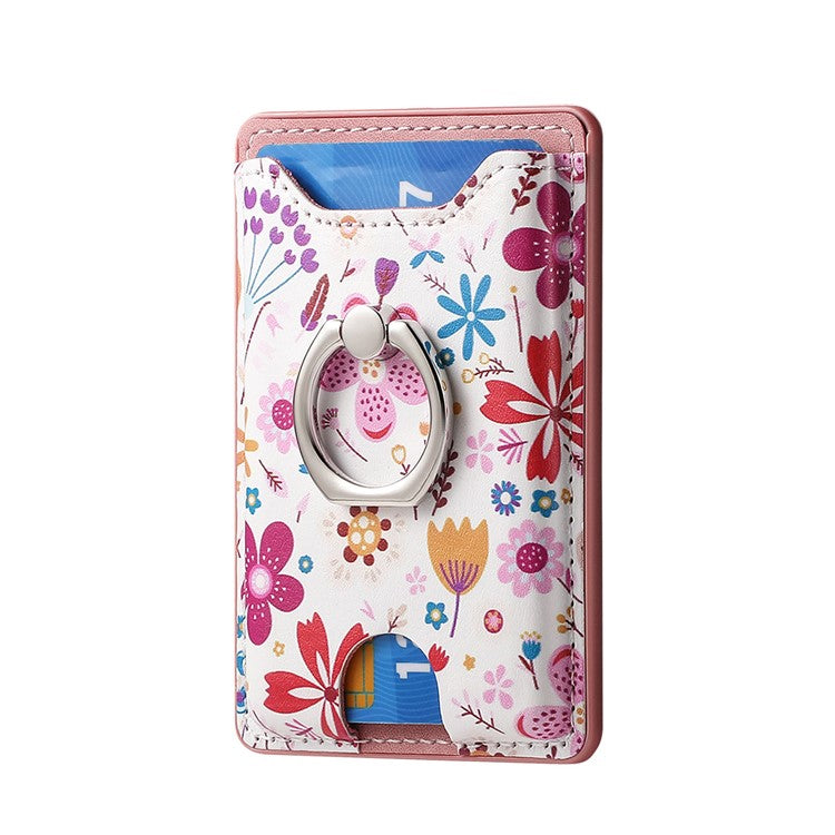 Ring Holder Kickstand Card Bag Flower Print PU Leather Adhesive Phone Card Slot - Pink