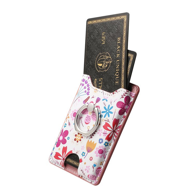 Ring Holder Kickstand Card Bag Flower Print PU Leather Adhesive Phone Card Slot - Pink