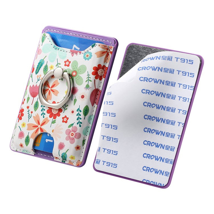 Ring Holder Kickstand Card Bag Flower Print PU Leather Adhesive Phone Card Slot - Purple